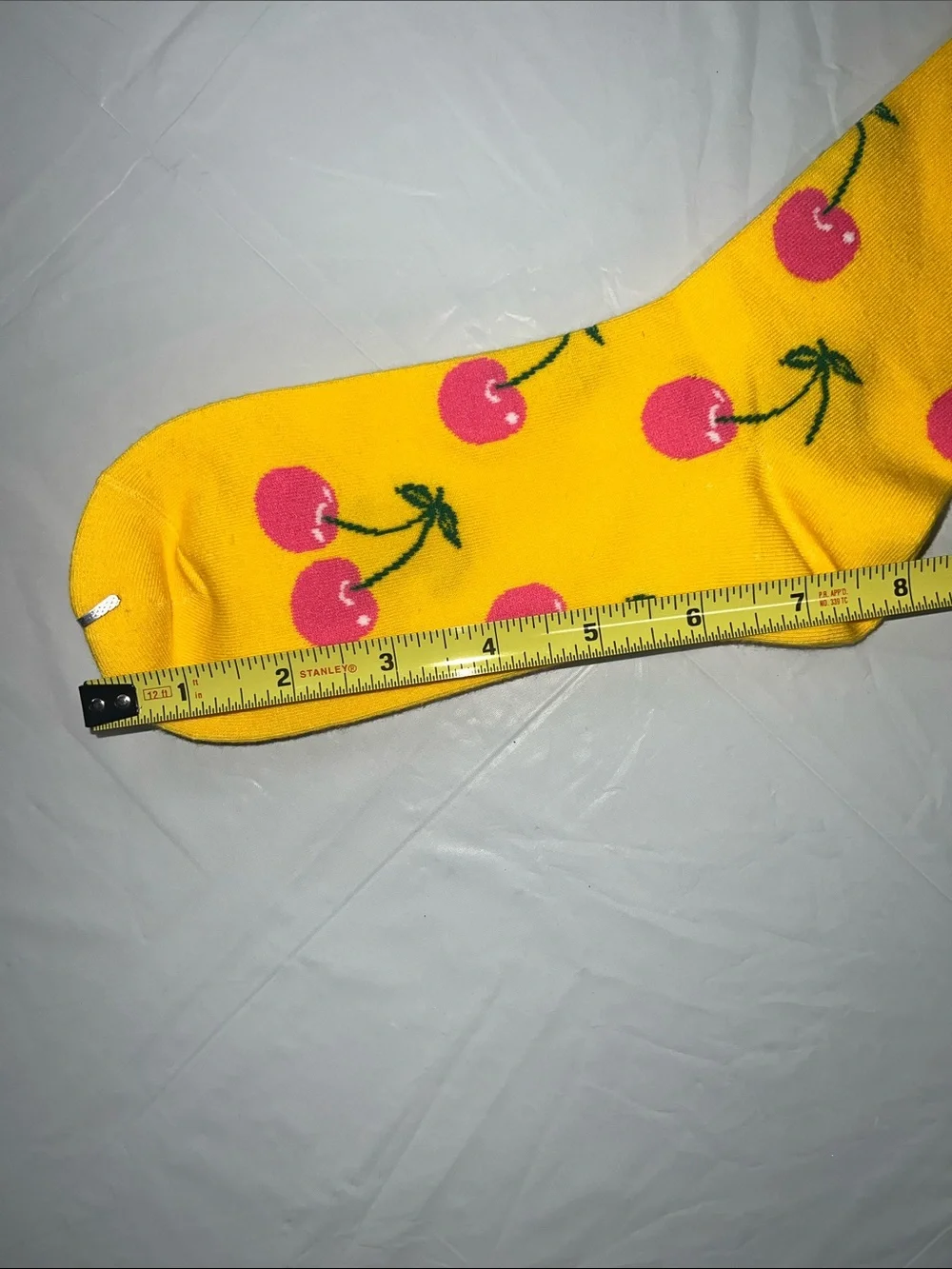 Bright Yellow Cherry Print Crew Socks Vibrant Pink Fruit Pattern
